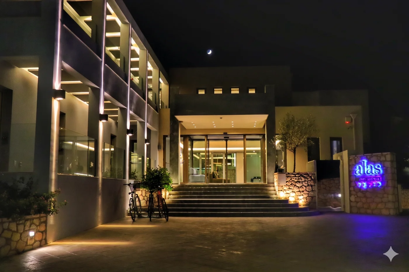 Hotel Facade under Crescent Moon — Alas Resort & Spa, Ελαία 23052