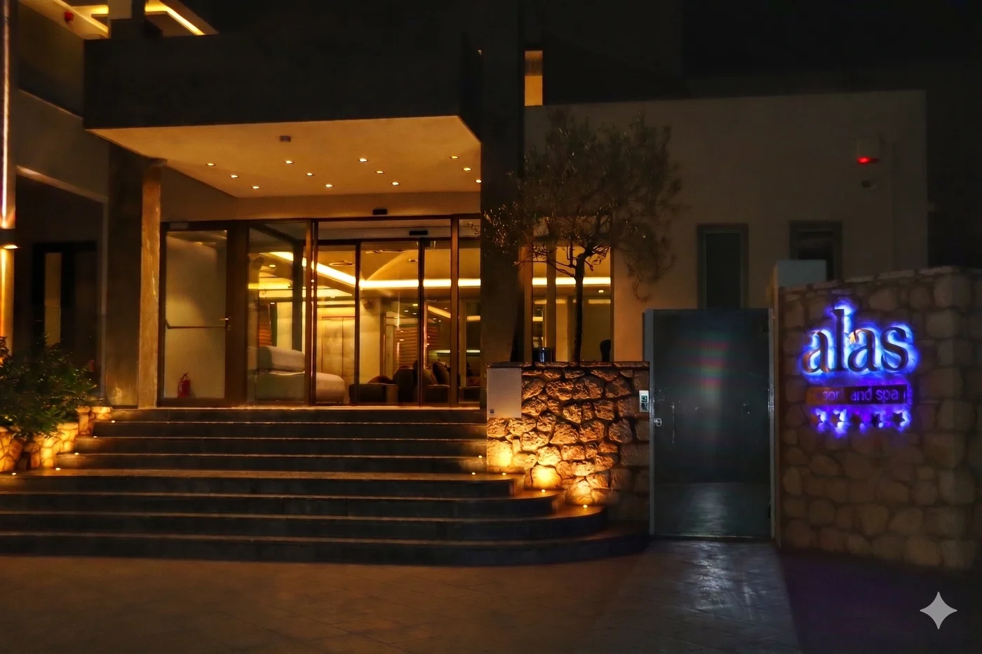 Hotel Entrance Night Photography — Alas Resort & Spa, Elea 23052, Greece